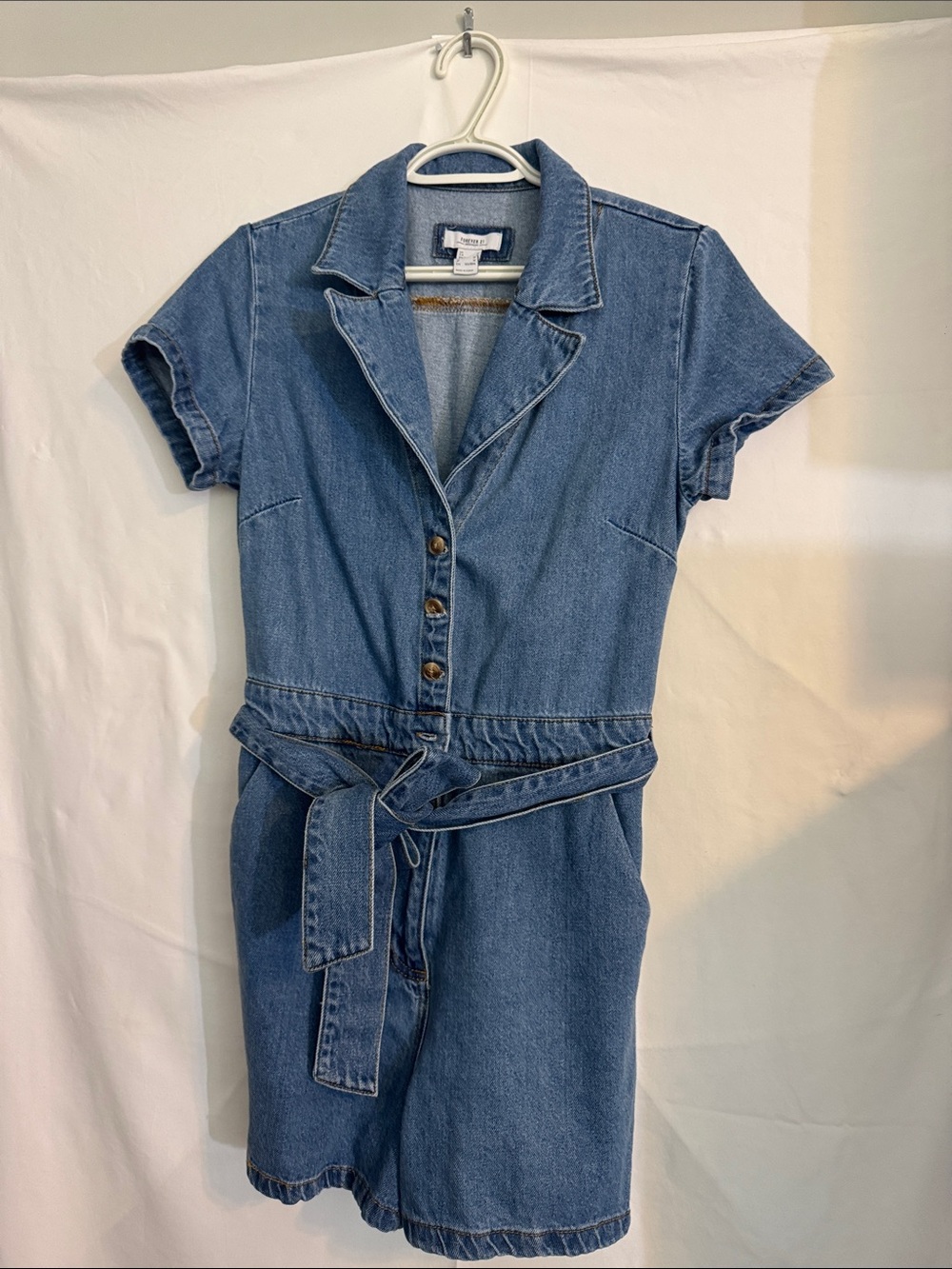 Forever 21 Blue Denim Short-Sleeve Romper with Tie Waist